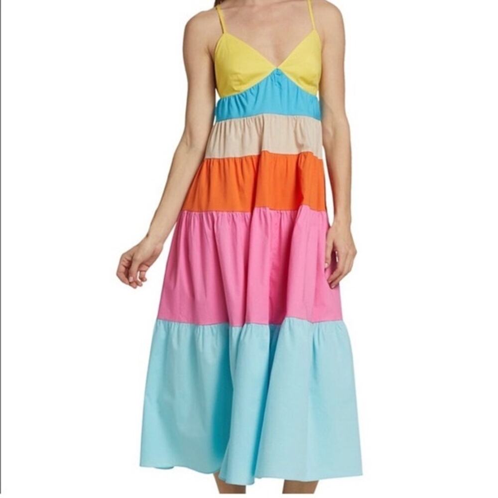 Staud Cleo Colorblock Tiered V-Neck Midi Sun Dress Turquoise Multicolor Small
